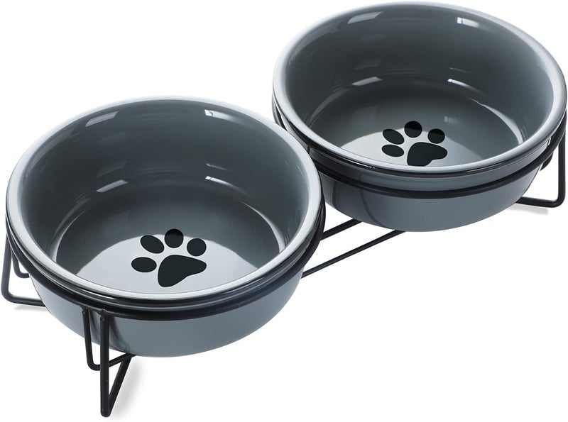 GDCZ Ceramics Raised Cat Bowls with Heighten Metal Stand,15 Ounces (Grey) - Image 1